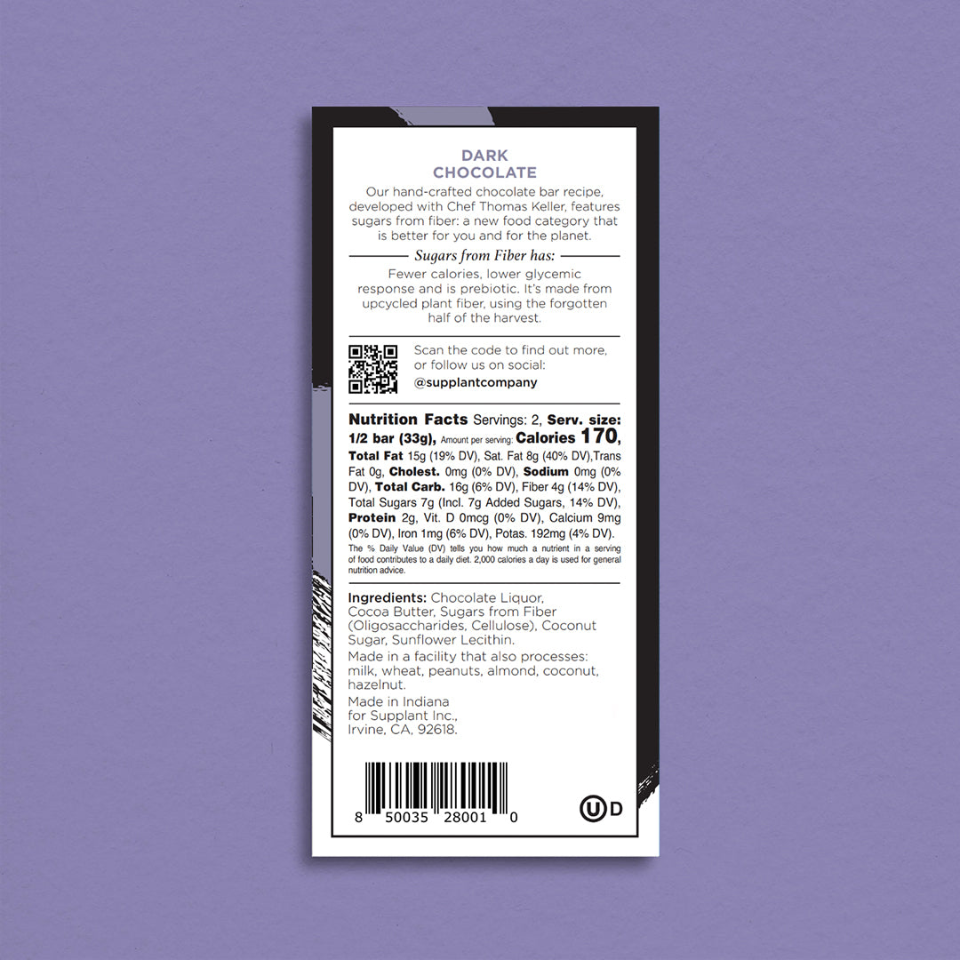 Back of pack of dark chocolate bar on purple background