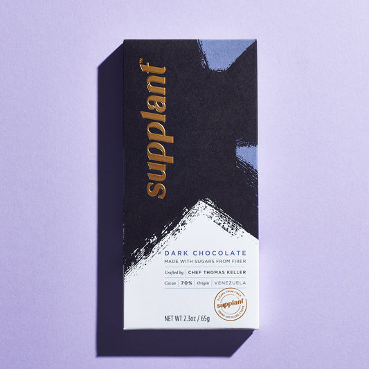 Front of pack of dark chocolate bar on purple background