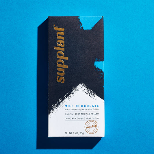 Front of pack of milk chocolate bar on blue background