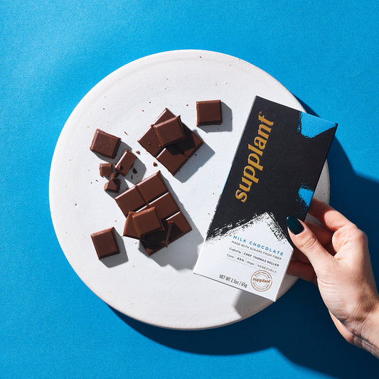 milk chocolate bar on white plate with hand holding chocolate on blue background