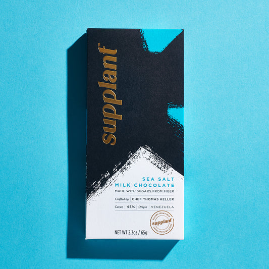 Front of pack of sea salt milk chocolate on blue background