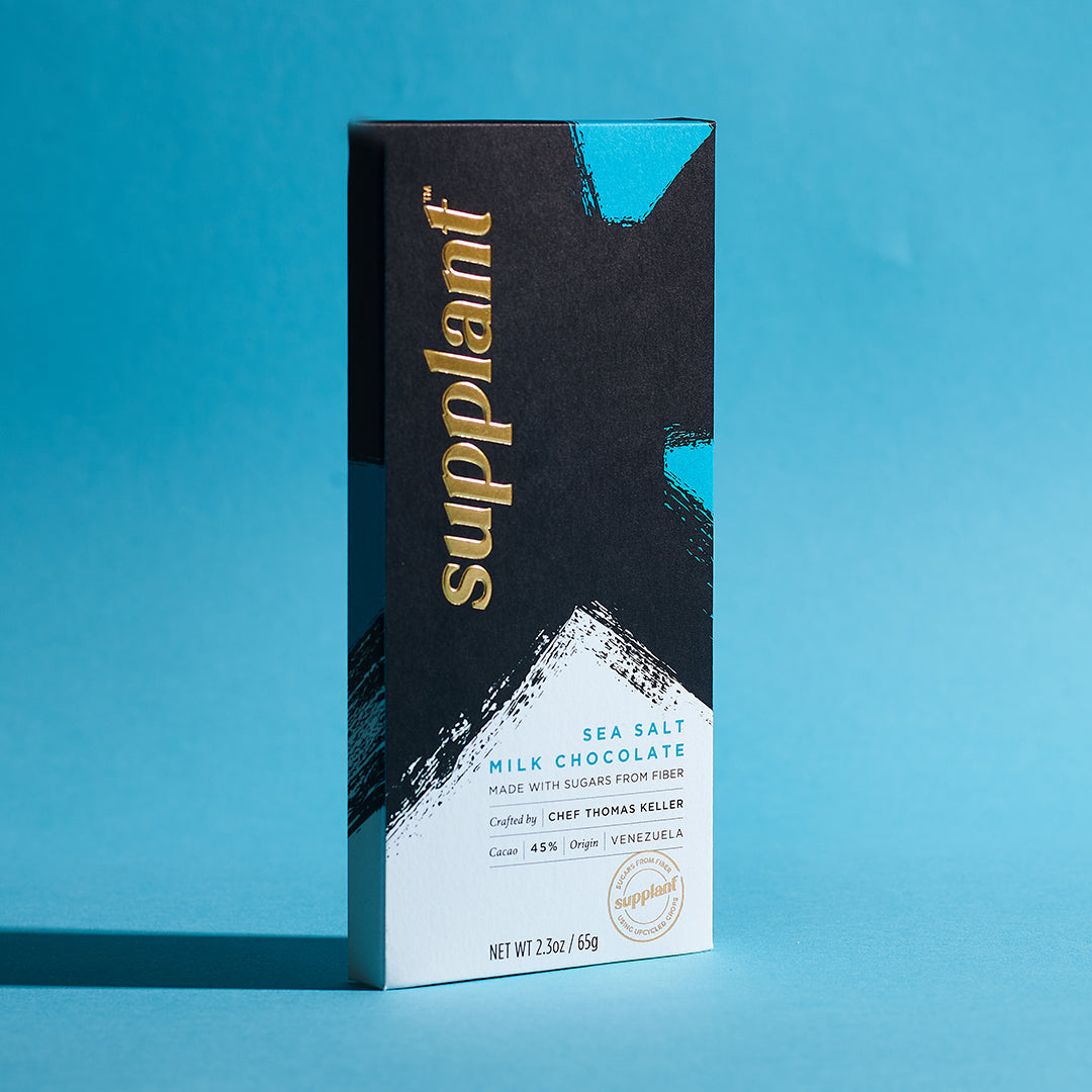 Front of pack of sea salt milk chocolate standing up on blue background